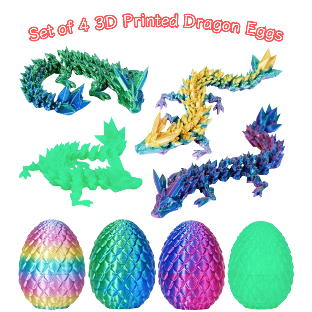 4PCS 3D Printed Dragon Egg Articulated Crystal Dragon Fidget Toy, Surprise 3D Printed Animals Set,3D Printed Dragon Eggs With Dragon Inside Easter Basket Stuffers Easter Toys,Home Desk Decor (5 Pack