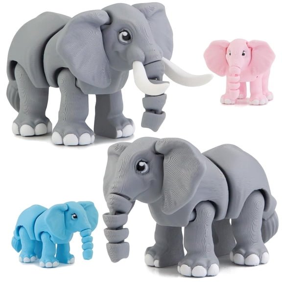 4PCS 3D Printed Elephant Animals Set, Realistic Articulated Educational Learning Fidget Cake Toppers Birthday Gift Party Favors for Toddlers