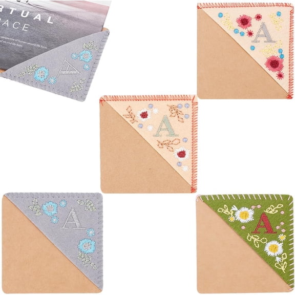 4PCS 4 Styles Personalized Embroidered Corner Bookmark Seasons Hand Stitched Felt Corner Letters Bookmark Flowers Letter Embroidery Bookmarks Accessories for Book Lovers Mixed Color