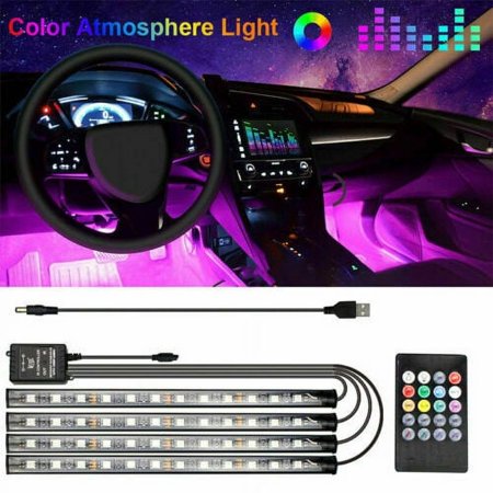 4PCS 48 LED Car Interior Atmosphere Lights Strip Wireless IR Remote Control