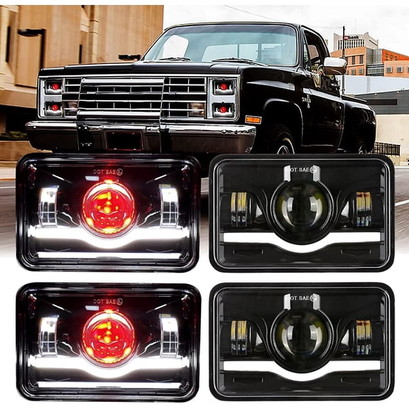 4PCS 4X6" LED Headlights Red Devil Eye DRL For Chevy C10 Pickup Truck 1981-1987