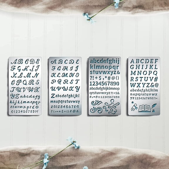 4PCS 4x7 Inch Alphabet Number Metal Stencils 4 Style Steel Stencil Template for Wood Carving Drawings and Woodburning Engraving and Scrapbooking Project DIY Matte Platinum Color