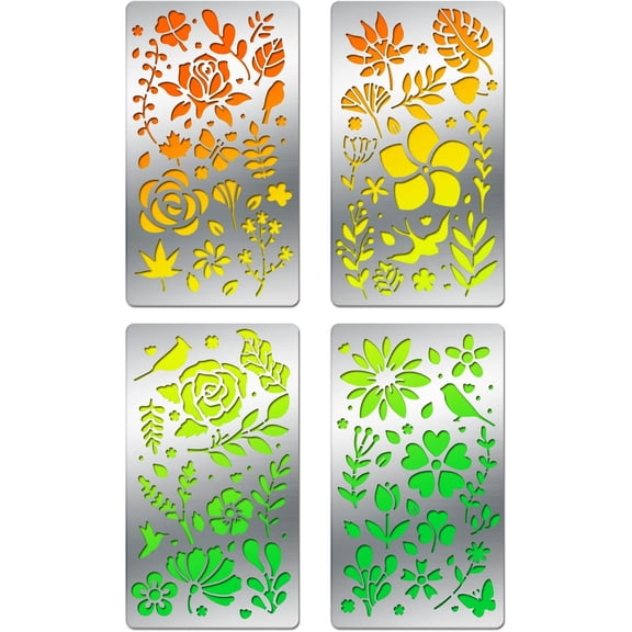 4PCS 4x7 Inch Flower Grass Pattern Metal Stencils Nature Theme Butterfly Bird Stencil Template for Wood Carving Drawings and Woodburning Engraving and ScrapbookingMixed Color