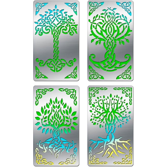 4PCS 4x7 Inch Tree of Life Metal Stencils Templates Art Craft Stencils for Wood Carving Drawings Woodburning Engraving Scrapbooking Project DIY