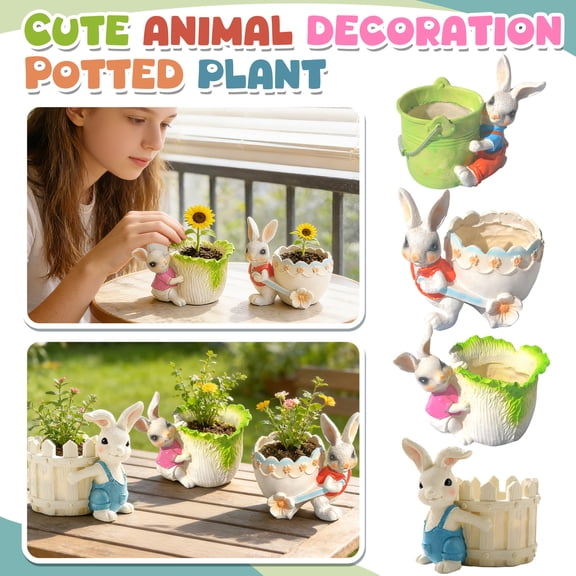 4PCS 5.51in Resin Bunny Planter Pot Set Easter Rabbit Flower Pot Decorative Tabletop Planters for Home Garden Shelf Spring Decor