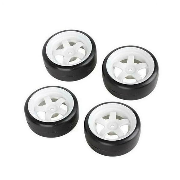 4PCS 5-Spoke White Wheel Rims with Black Smooth Tires for 1:10 RC Drift & Racing Cars 2.48" Diameter, 12mm Hex