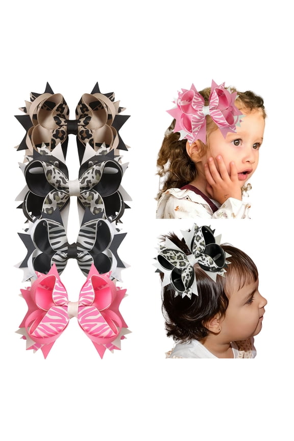 4PCS 5inch Animal Print Bow Hair Clips for Girls - Zebra Leopard Hair Bows Hair Accessories for Kids Toddlers