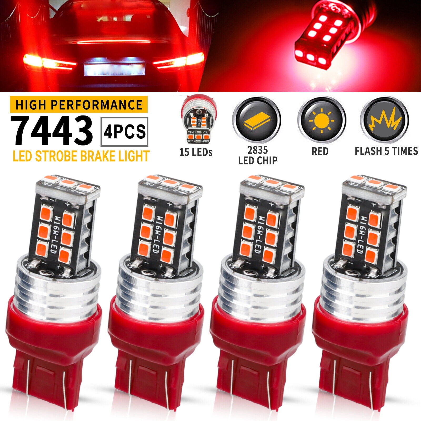 4 Lampadine LED 7443 7440 Rosse Stroboscopiche Per Stop E Luce Posteriore, 15 SMD, 12V