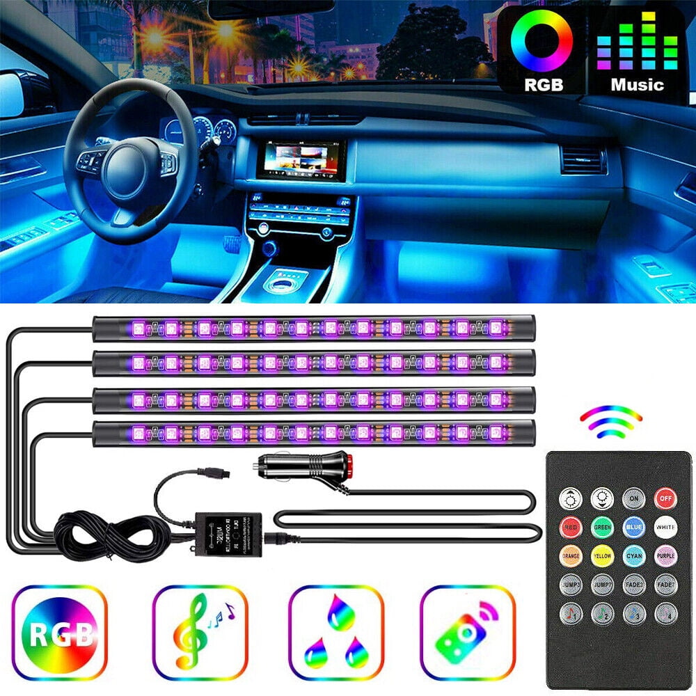 4PCS LED Car Interior Atmosphere Neon Lights Strip Wireless IR Remote  Control