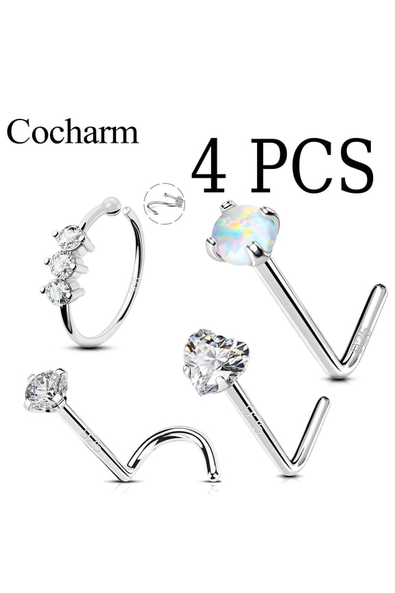 4PCS 925 Silver L S Shape Nose Ring Stud 20G Zircon Opal Body Piercing Jewelry