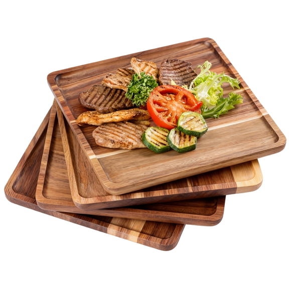 4PCS Acacia Wooden Dining Plates, 9.8" Square Wooden Serving Platter Set, Natural Wood Color Trays for Home Kitchen, Restaurant, Stackable, Easy to Clean