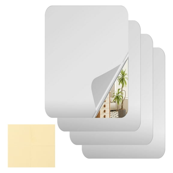 4PCS Acrylic Mirror Tiles Reflective Self Adhesive Mirror Tiles 2mm Thick Flexible Mirror Sheets Decorative Stick on Mirrors for Home Bathroom Bedroom Wall Decor