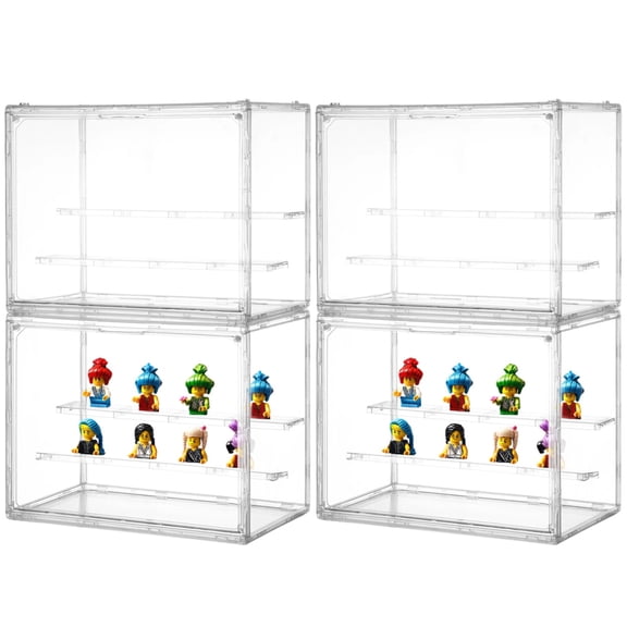 4PCS Action Figures Display Boxes, 3 Tiers Clear PET Display Cases with 2 Movable Plates, Display Storage Boxes with Door, Protective Display Cases for Action Figures