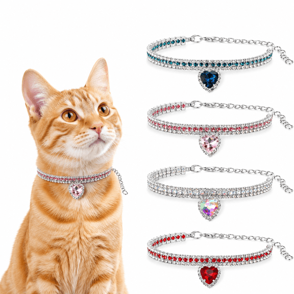 4PCS Adjustable Cat Collars, Sparkling Rhinestone Small Dog Collar Set With Heart-Shaped Pendants, Bling Cat Collar With Metal Buckle, 710 Inch Adjustable Cat Collar, Fancy Pet Jewelry For Girl Cats