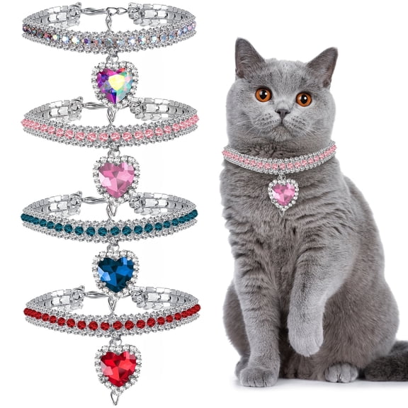 4PCS Adjustable Cat Collars, Sparkling Rhinestone Small Dog Collar Set With Heart-Shaped Pendants, Bling Cat Collar With Metal Buckle, 710 Inch Adjustable Cat Collar, Fancy Pet Jewelry For Girl Cats