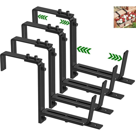 4PCS Adjustable Planter Window Box Planters Hanging Flower Box Holders Brackets, Heavy Duty Wall Mount Holder for Windowsills, Garden, Fences, and Balcony - Black