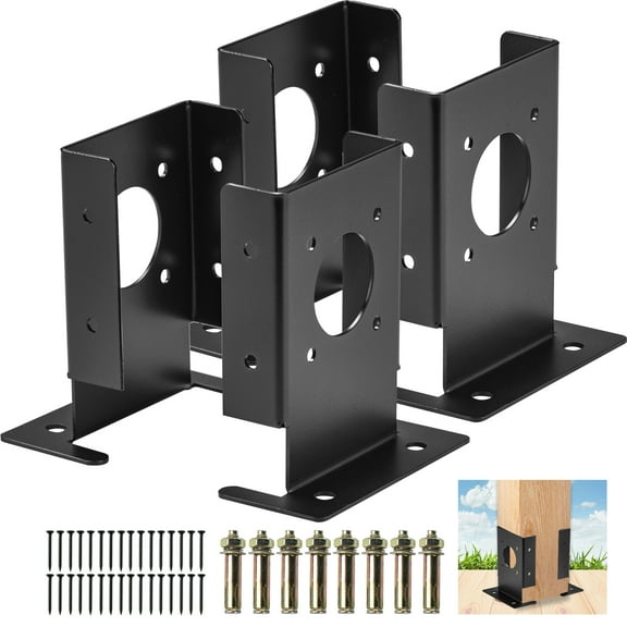 4PCS Adjustable Wood Fence Pergola Post Base Brackets Kit, 4x4 Black Post Anchor Base Brackets, Heavy Duty Deck Post Base Brackets Mailbox Brackets for Pergola Deck Railing Mailbox