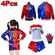 4PCS Adult Kids Suicide Harley Cosplay Costumes Squad Quinn Monster Jacket Pants Girls New Year Christmas Party Clothes(Kids, 140)