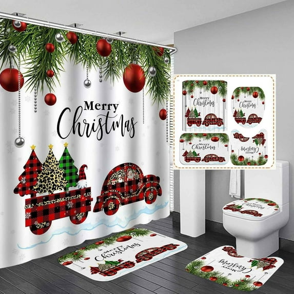 4PCS African American Afro Black Santa Claus Shower Curtain Set, Xmas Gifts Winter Holiday New Year Christmas Bathroom Decor, Waterproof Fabric Black Shower Curtain, Non-slip Bath Mat