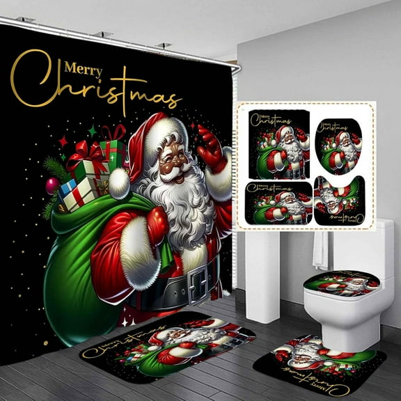 4PCS African American Afro Black Santa Claus Shower Curtain Set, Xmas Gifts Winter Holiday New Year Christmas Bathroom Decor, Waterproof Fabric Black Shower Curtain, Non-slip Bath Mat