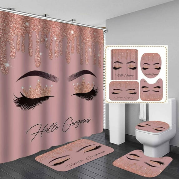 4PCS African American Black Girl Shower Curtain Set, Pink Eiffel Tower Sexy Black Woman Afro Girl Black and White Fashion Glam Modern Bathroom Decor, Non-Slip Bath Mat, Inspirational Gifts for Women