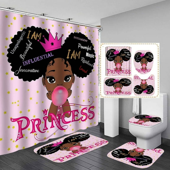 4PCS African American Black Girl Shower Curtain Set, Waterproof Fabric Pink Shower Curtain, Non-Slip Bath Mat Bathroom Rugs, Inspirational Quotes Afro Princess Black Girl Magic Bathroom Decor