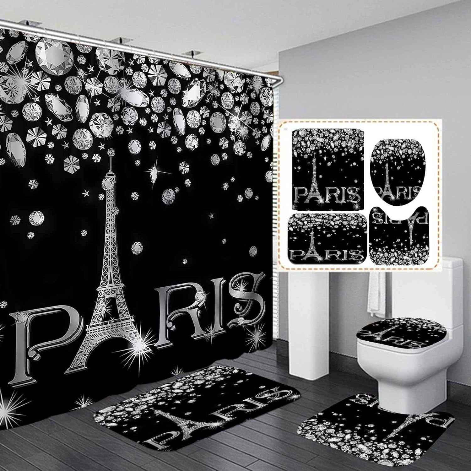 KOKGYM 4-Piece African American Shower Curtain Set With Rugs - Paris Eiffel Tower Grey Bathroom Decor