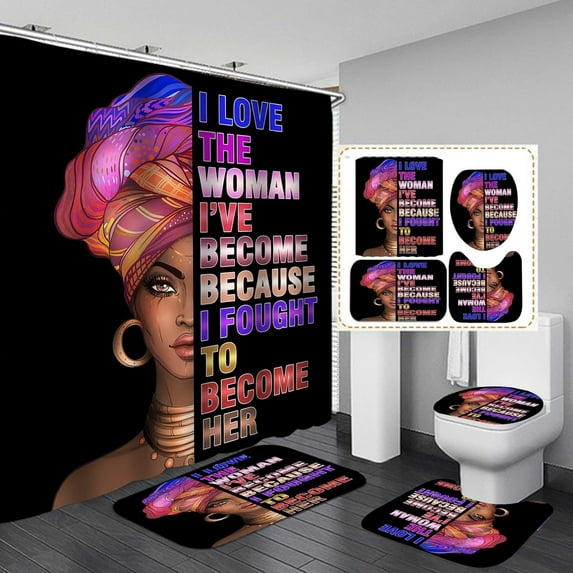 4PCS African American Black Girl Shower Curtain Sets with Rugs, Black Shower Curtain, Afro Black Woman Sunflower Bathroom Decor, Non-Slip Bath Mat, Motivational Inspirational Gifts for Women