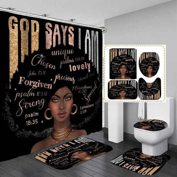 4PCS African American Black Girl Shower Curtain Sets with Rugs, Waterproof Fabric Shower Curtain, Fantasy Galaxy Purple Butterfly Positive Inspirational Quotes Afro Black Woman Bathroom Decor