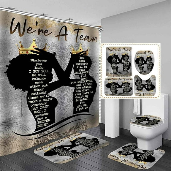4PCS African American Queen&King Shower Curtain Sets, Inspirational Quotes Mandala Gold Crown Black Man Woman Bathroom Decor, Afro Couple Shower Curtains for Bathroom, 71X71inch