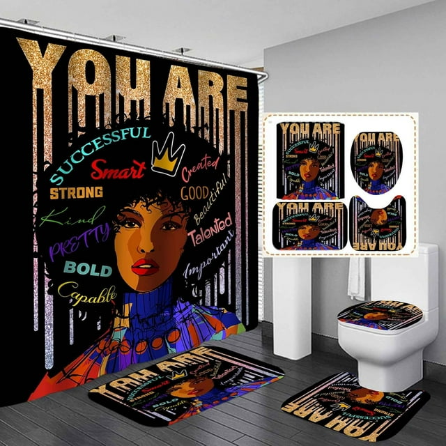 4PCS African American Shower Curtain Set, Eiffel Tower Pink Glitter High Heels Perfume Fashion