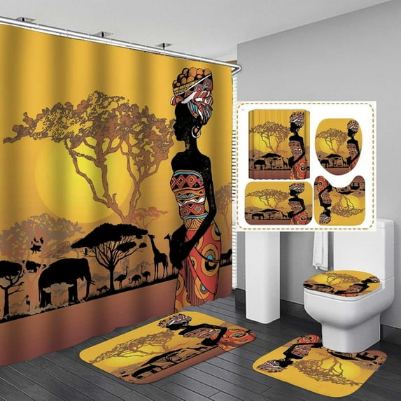 4PCS African American Shower Curtain Set, Pink Unicorn Rainbow Stars Afro Black Girl Magic Cute Melanin Princess Girly Bathroom Decor, Waterproof Fabric Shower Curtain, Non-slip Bath Mat
