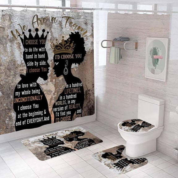 4PCS African American Shower Curtain Sets with Rugs, Inspirational Quotes Shower Curtain, Luxury Gold Crown Motivational Afro Black King Queen Romantic Couple Lovers Man Woman Bathroom Decor
