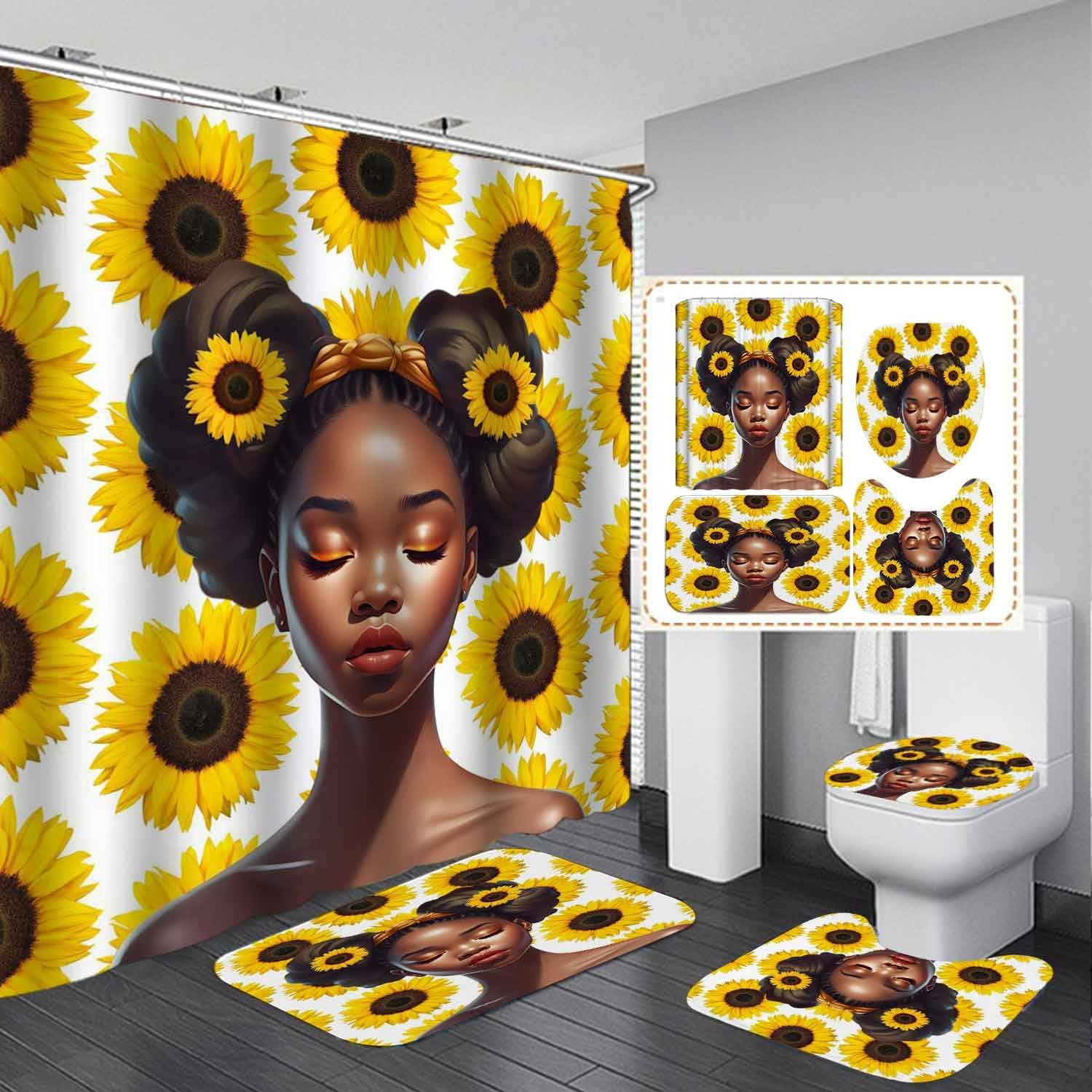 4PCS African American Shower Curtain Sets with Rugs, Waterproof Fabric ...