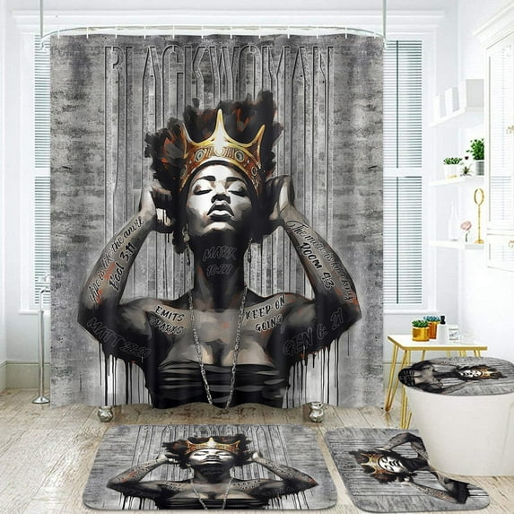4PCS African American Woman Bathroom Shower Curtain Set with Rugs, Afro Inspirational Quote Shower Curtain Sets with Hooks,Waterproof Fabric Black Queen Shower Curtains for Bathroom Decor