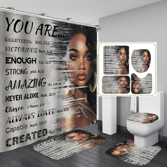 4PCS African American Woman Bathroom Shower Curtain Set with Rugs, Afro Inspirational Quote Shower Curtain Sets with Hooks,Waterproof Fabric Black Queen Shower Curtains for Bathroom Decor