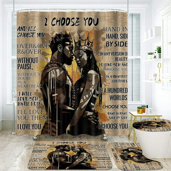 4PCS African American Woman Bathroom Shower Curtain Set with Rugs, Afro Inspirational Quote Shower Curtain Sets with Hooks,Waterproof Fabric Black Queen Shower Curtains for Bathroom Decor