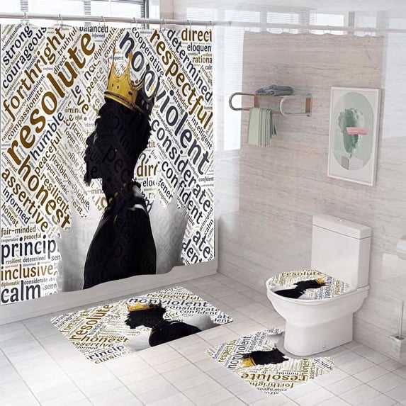 4PCS African American Woman Bathroom Shower Curtain Set with Rugs, Afro Inspirational Quote Shower Curtain Sets with Hooks,Waterproof Fabric Black Queen Shower Curtains for Bathroom Decor