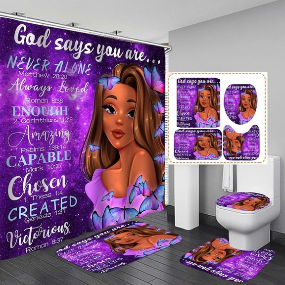 4PCS African American Shower Curtain Set, Pink Unicorn Rainbow Stars Afro Black Girl Magic Cute Melanin Princess Girly Bathroom Decor, Waterproof Fabric Shower Curtain, Non-slip Bath Mat