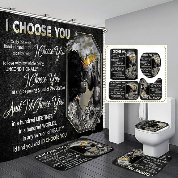 4PCS African King and Queen Shower Curtain Sets with Rugs African American Couple Bathroom Sets with Waterproof Bath Curtains I Choose You Shower Curtains with 12 Hooks Bath Mat 71x71inch