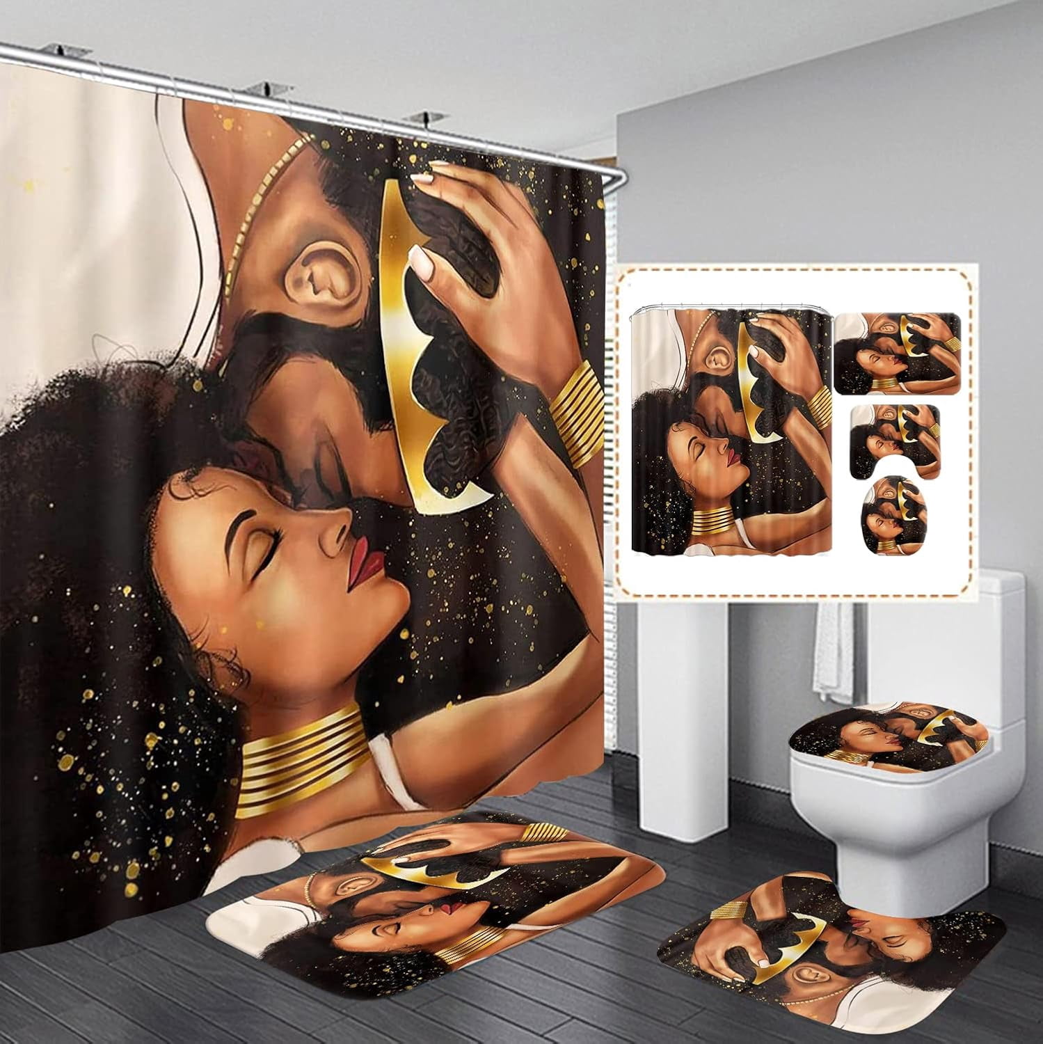 4PCS African King and Queen Shower Curtain Sets with Rugs African American Couple Bathroom Sets with Waterproof Bath Curtains I Choose You Shower Curtains with 12 Hooks Bath Mat 71x71inch