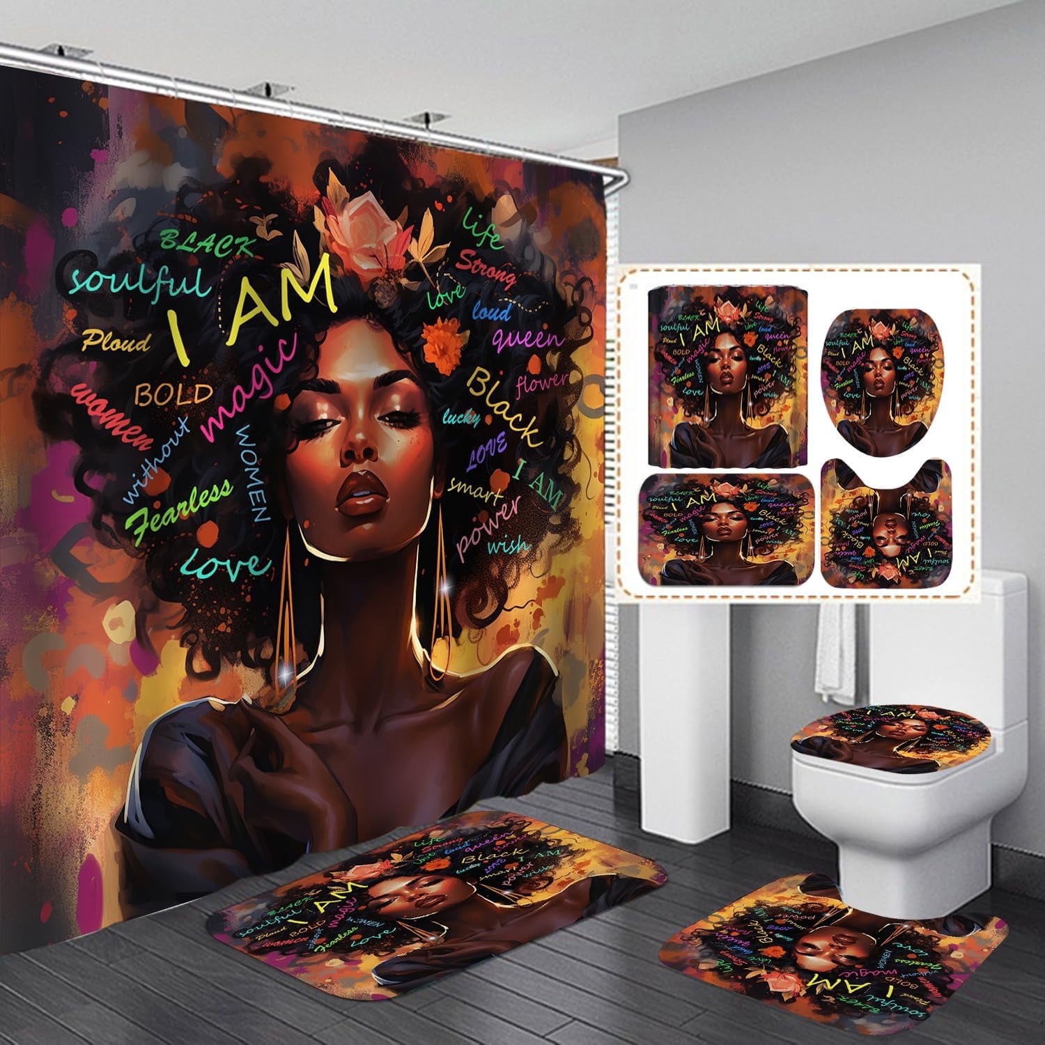 4PCS African King and Queen Shower Curtain Sets with Rugs African American Couple Bathroom Sets with Waterproof Bath Curtains I Choose You Shower Curtains with 12 Hooks Bath Mat 71x71inch