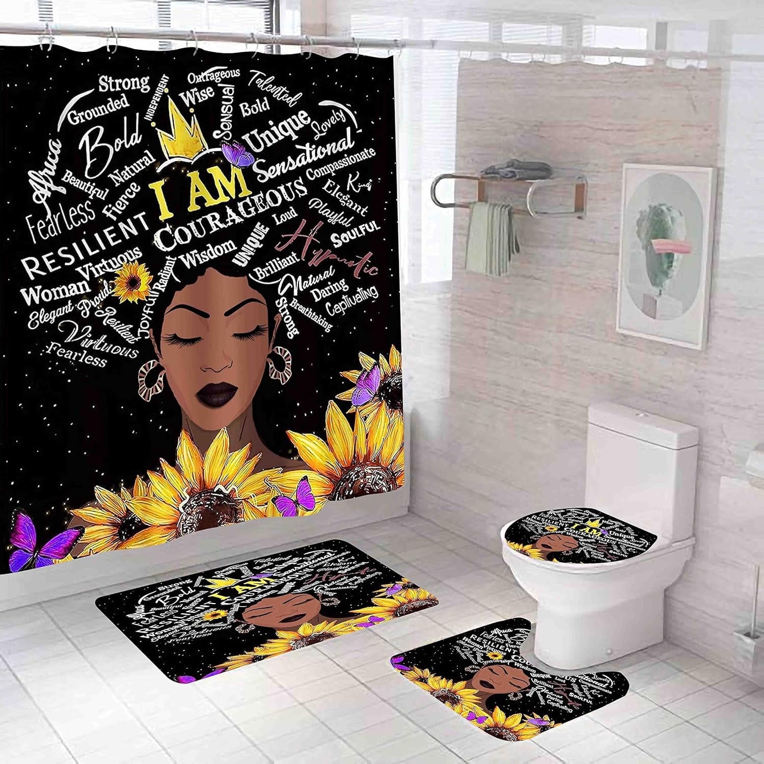 4PCS African King and Queen Shower Curtain Sets with Rugs African American Couple Bathroom Sets with Waterproof Bath Curtains I Choose You Shower Curtains with 12 Hooks Bath Mat 71x71inch