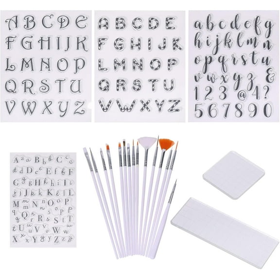 4PCS Alphabet Cake Stamps Tool with 15PCS Brushes and 2PCS Acrylic Stamping Blocks Letters Stamp Set Reusable Numbers Fondant Cake Signet DIY for Fondant Biscuit Cake Cookie Party diy