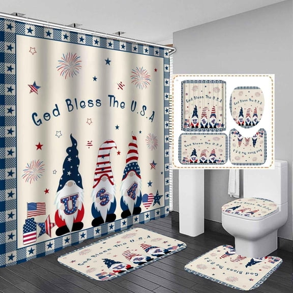 4PCS American Flag Shower Curtain Sets with Rugs, Waterproof Fabric Shower Curtain, USA Flag Independence Day 4th of July United States Rustic Farmhouse Victory Star Patriotic Bathroom Decor
