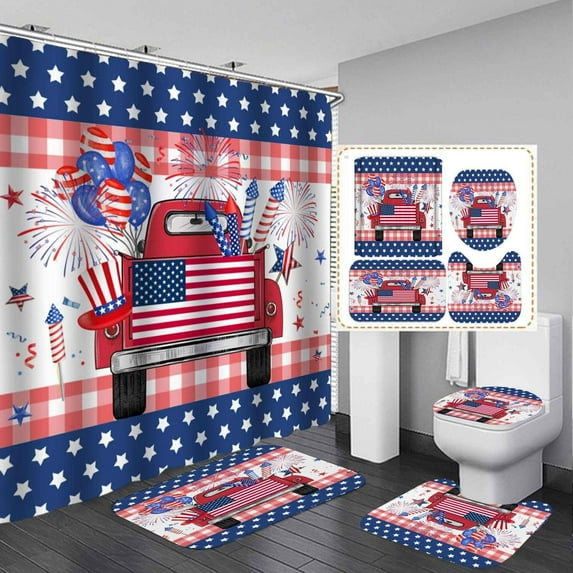 4PCS American Flag Shower Curtain Sets with Rugs, Waterproof Fabric Shower Curtain, USA Flag Independence Day 4th of July United States Rustic Farmhouse Victory Star Patriotic Bathroom Decor