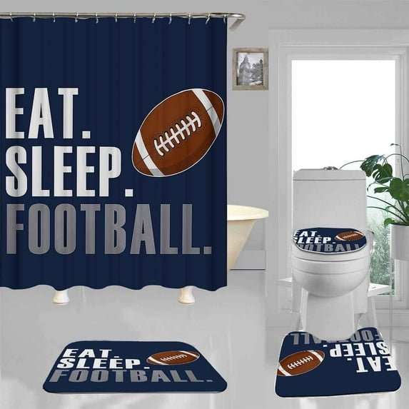 4PCS American Football Shower Curtain Set, Rugby Modern Cool Sports Men Kids Bathroom Decor, Waterproof Fabric Navy Blue Shower Curtain, Non-Slip Bath Mat Toilet Rug, Football Gifts for Boys