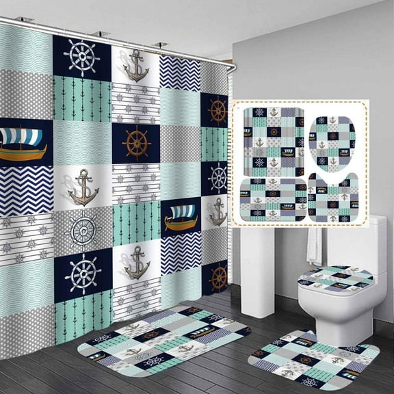 4PCS Anchor Shower Curtain Sets with Rugs, Waterproof Fabric Shower Curtain, Patchwork Navy Blue Chevron Zigzag Stripes Ocean Boat Compass Beach Nautical Coastal Boys Girls Kids Bathroom Decor