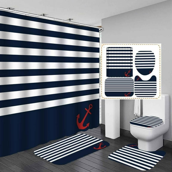 4PCS Anchor Shower Curtain Sets with Rugs, Waterproof Fabric Shower Curtain, Patchwork Navy Blue Chevron Zigzag Stripes Ocean Boat Compass Beach Nautical Coastal Boys Girls Kids Bathroom Decor