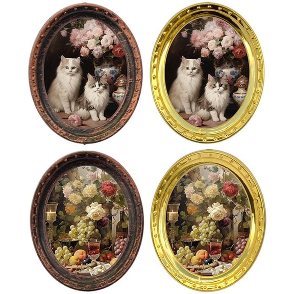 4PCS Antique Iron Wall Art Miniature Oil Painting Photo Frame With Roses And Cats Theme For 1/12 Scale Doll House Display